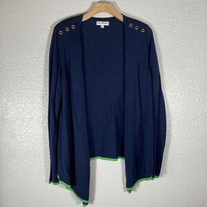 Kim Rogers Cardigan S Open Front Womens Navy Blue Sweater Green Trim Grommets